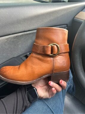 Frye Tan Leather Ankle Booties with Buckle Strap